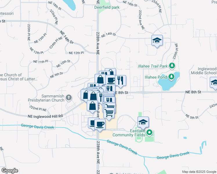 map of restaurants, bars, coffee shops, grocery stores, and more near 22830 Northeast 8th Street in Sammamish