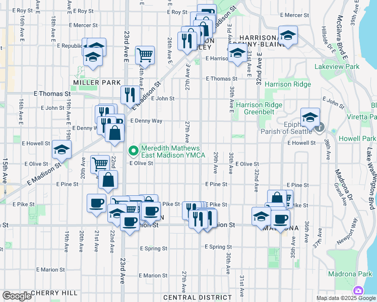 map of restaurants, bars, coffee shops, grocery stores, and more near 1731 Martin Luther King Junior Way in Seattle