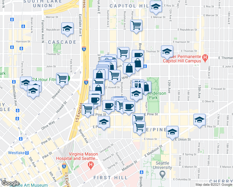 map of restaurants, bars, coffee shops, grocery stores, and more near 1737 Boylston Avenue in Seattle