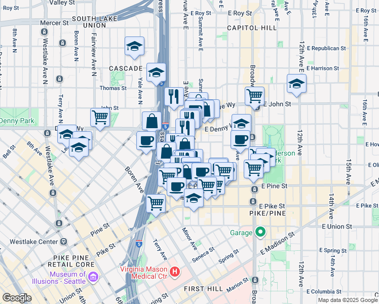map of restaurants, bars, coffee shops, grocery stores, and more near in Seattle