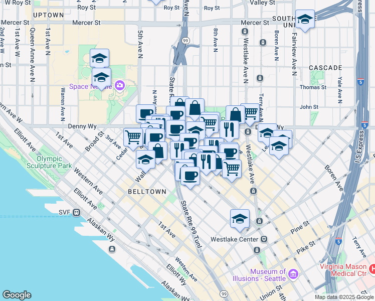 map of restaurants, bars, coffee shops, grocery stores, and more near 2326 6th Avenue in Seattle