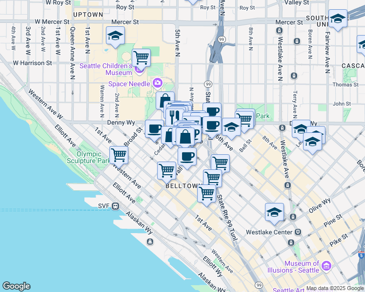 map of restaurants, bars, coffee shops, grocery stores, and more near 2615 4th Avenue in Seattle
