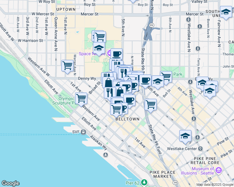 map of restaurants, bars, coffee shops, grocery stores, and more near in Seattle