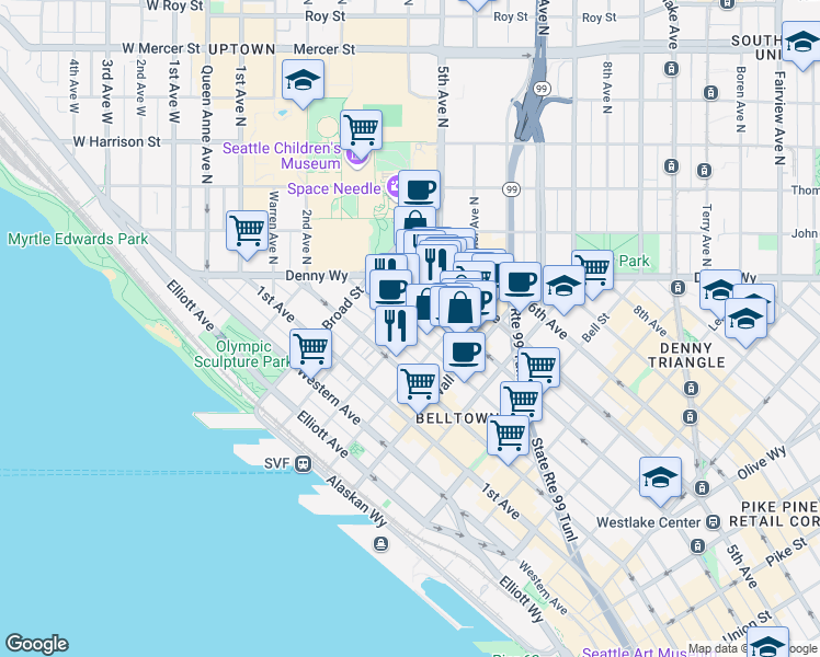 map of restaurants, bars, coffee shops, grocery stores, and more near in Seattle