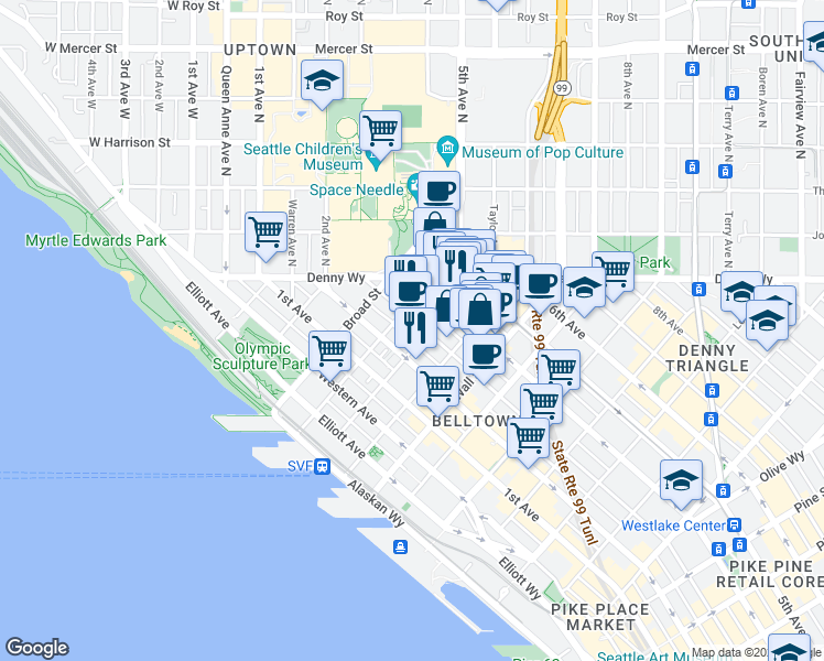 map of restaurants, bars, coffee shops, grocery stores, and more near in Seattle