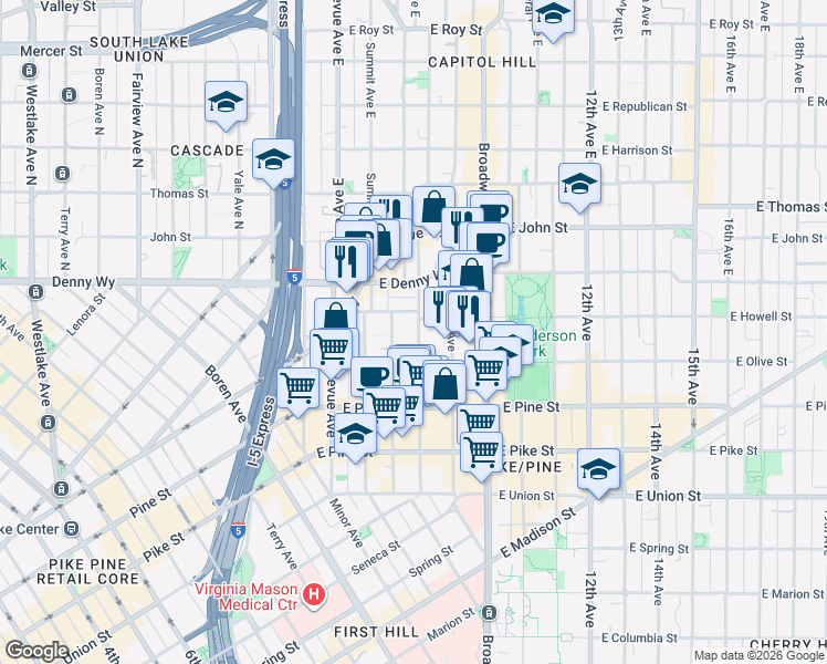 map of restaurants, bars, coffee shops, grocery stores, and more near 1737 Boylston Avenue in Seattle