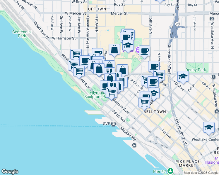 map of restaurants, bars, coffee shops, grocery stores, and more near 2929 1st Avenue in Seattle