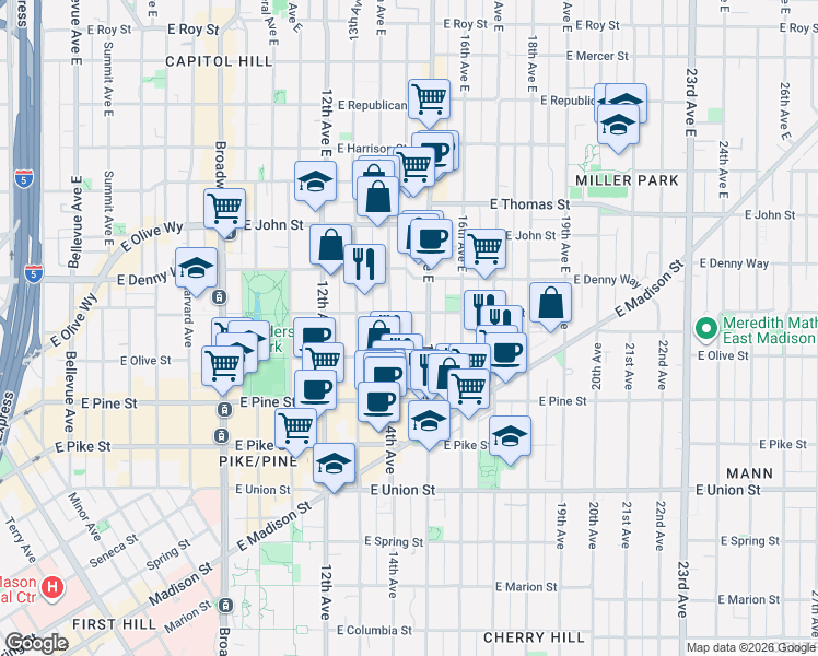 map of restaurants, bars, coffee shops, grocery stores, and more near 1733 15th Avenue in Seattle
