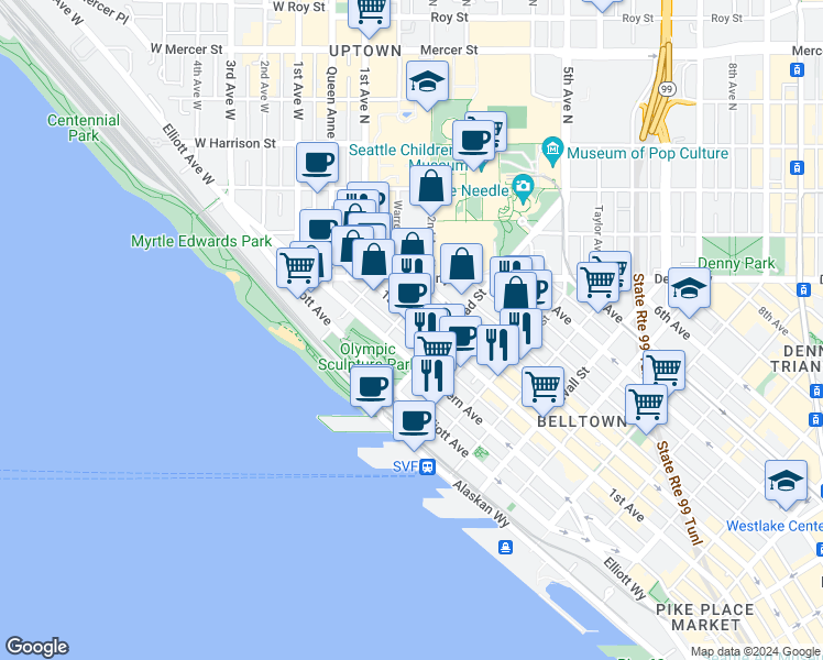 map of restaurants, bars, coffee shops, grocery stores, and more near 2929 1st Avenue North in Seattle