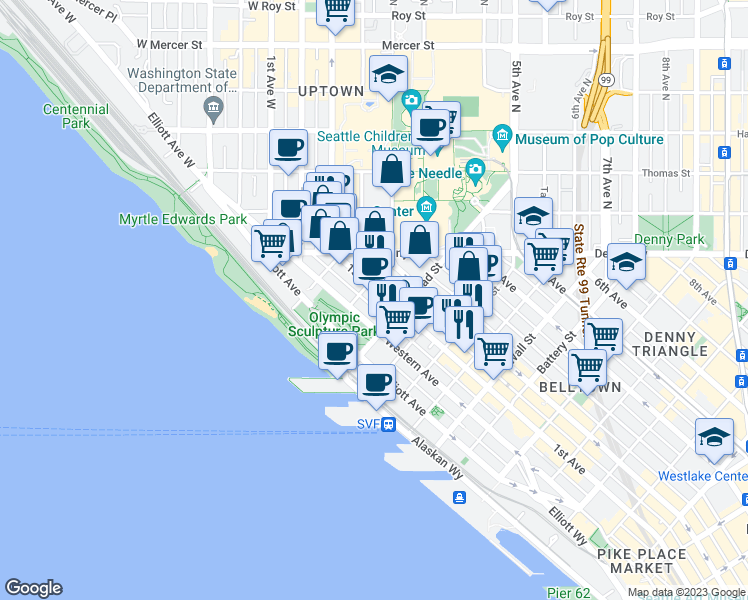 map of restaurants, bars, coffee shops, grocery stores, and more near 2915 1st Avenue in Seattle