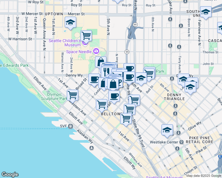 map of restaurants, bars, coffee shops, grocery stores, and more near 2601 4th Avenue in Seattle