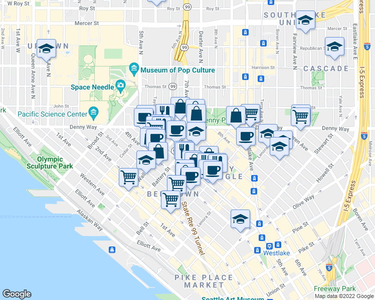 map of restaurants, bars, coffee shops, grocery stores, and more near 2326 6th Avenue in Seattle