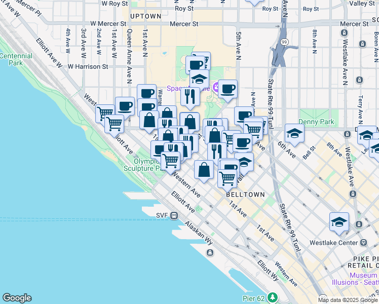 map of restaurants, bars, coffee shops, grocery stores, and more near 2901 2nd Avenue in Seattle