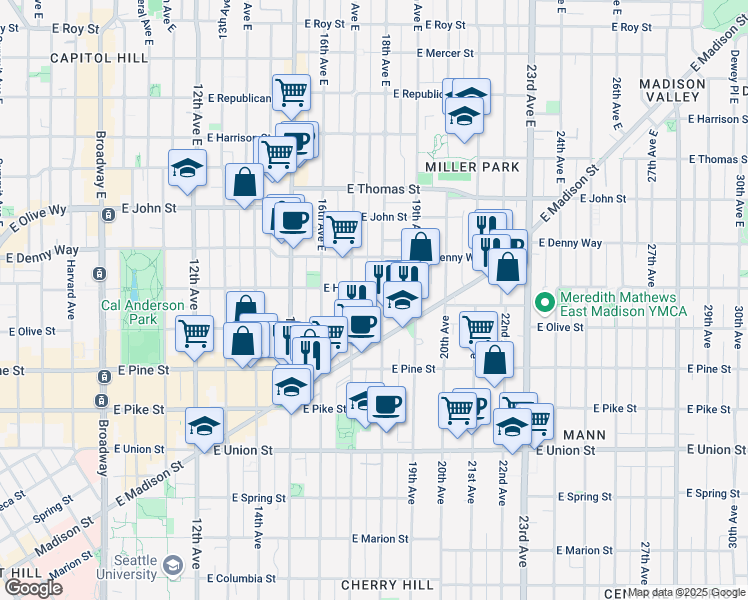 map of restaurants, bars, coffee shops, grocery stores, and more near 1732 18th Avenue in Seattle