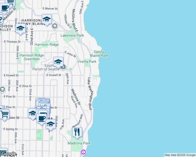 map of restaurants, bars, coffee shops, grocery stores, and more near 1726 Howell Place in Seattle