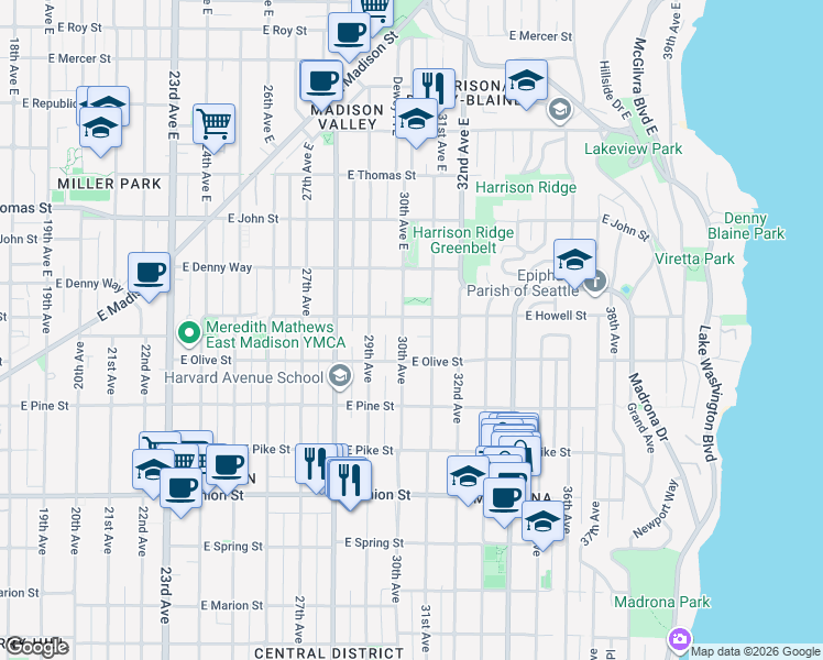 map of restaurants, bars, coffee shops, grocery stores, and more near 1724 30th Avenue in Seattle