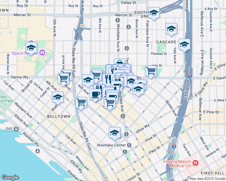 map of restaurants, bars, coffee shops, grocery stores, and more near 2202 8th Avenue in Seattle