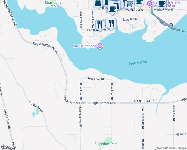 map of restaurants, bars, coffee shops, grocery stores, and more near 5905 Rose Loop Northeast in Bainbridge Island