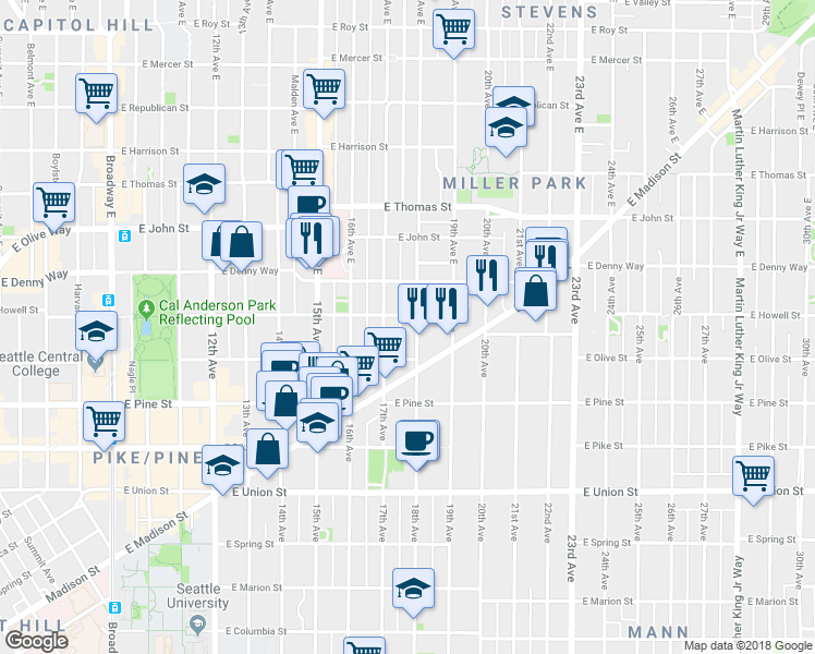 map of restaurants, bars, coffee shops, grocery stores, and more near 1732 18th Avenue in Seattle