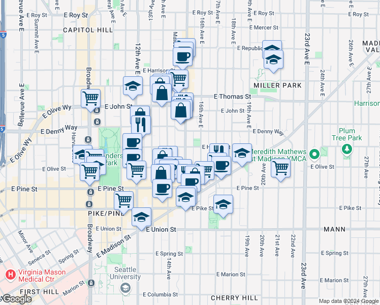 map of restaurants, bars, coffee shops, grocery stores, and more near 1733 15th Avenue in Seattle