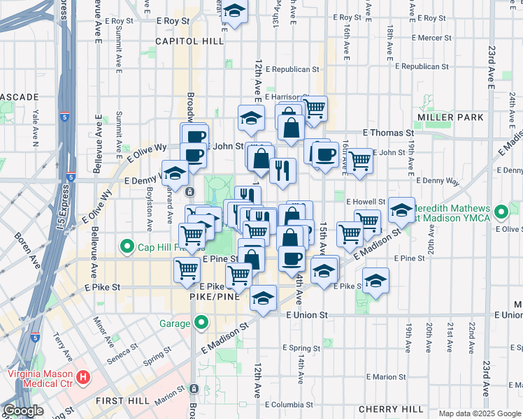 map of restaurants, bars, coffee shops, grocery stores, and more near 1731 13th Avenue in Seattle