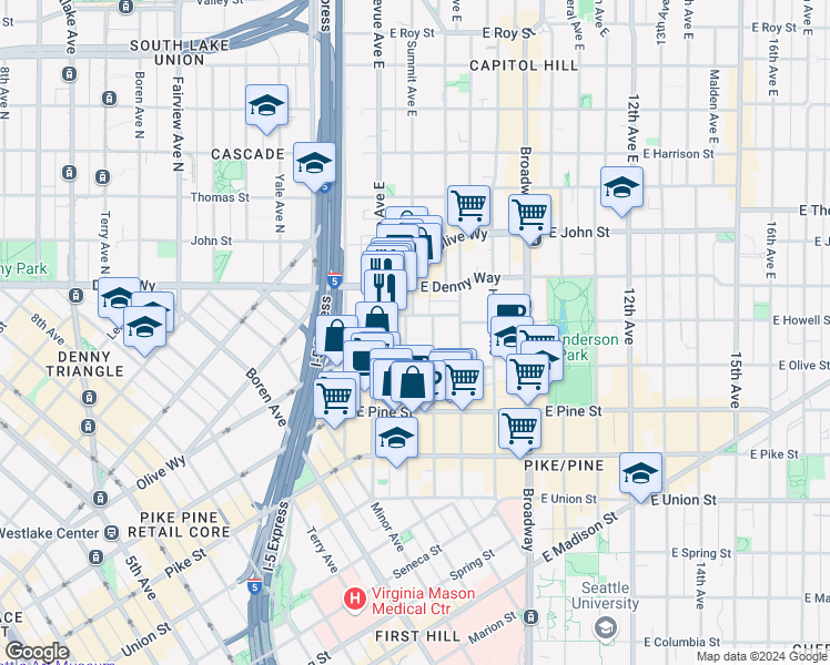 map of restaurants, bars, coffee shops, grocery stores, and more near 1737 Belmont Avenue in Seattle