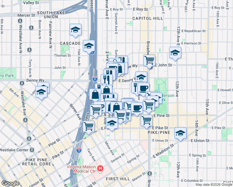 map of restaurants, bars, coffee shops, grocery stores, and more near 1737 Belmont Avenue in Seattle