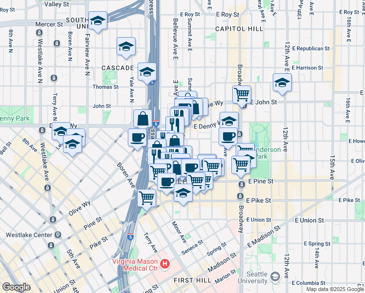 map of restaurants, bars, coffee shops, grocery stores, and more near in Seattle