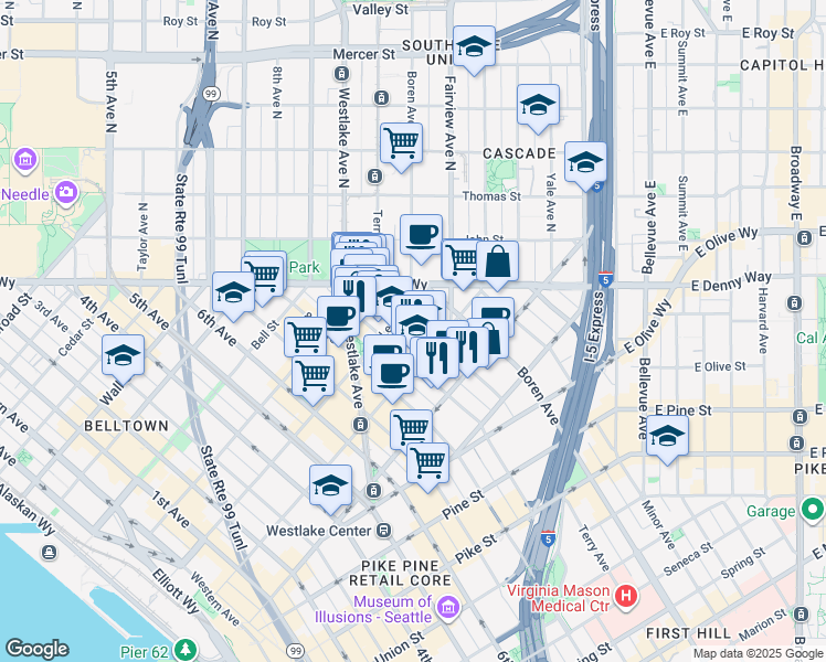 map of restaurants, bars, coffee shops, grocery stores, and more near 2014 Terry Avenue in Seattle