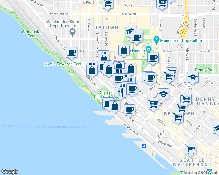 map of restaurants, bars, coffee shops, grocery stores, and more near 3018 Western Avenue in Seattle