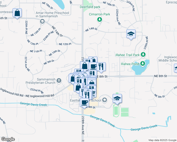 map of restaurants, bars, coffee shops, grocery stores, and more near 22830 Northeast 8th Street in Sammamish