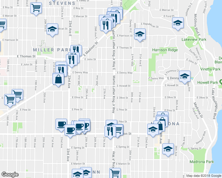 map of restaurants, bars, coffee shops, grocery stores, and more near 1725 Martin Luther King Junior Way in Seattle