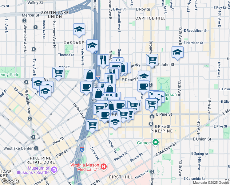 map of restaurants, bars, coffee shops, grocery stores, and more near in Seattle