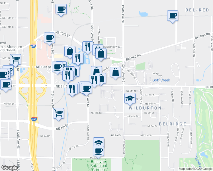 map of restaurants, bars, coffee shops, grocery stores, and more near 12219 NE 8th St in Bellevue