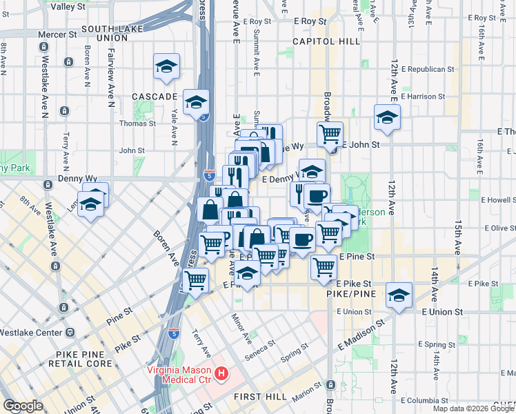 map of restaurants, bars, coffee shops, grocery stores, and more near 1737 Belmont Avenue in Seattle