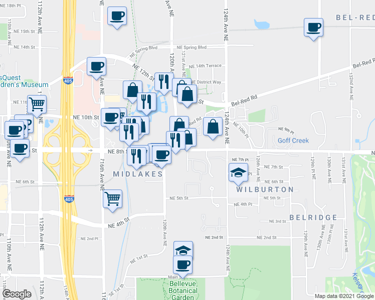 map of restaurants, bars, coffee shops, grocery stores, and more near NE 8th St & 122nd Ave NE in Bellevue