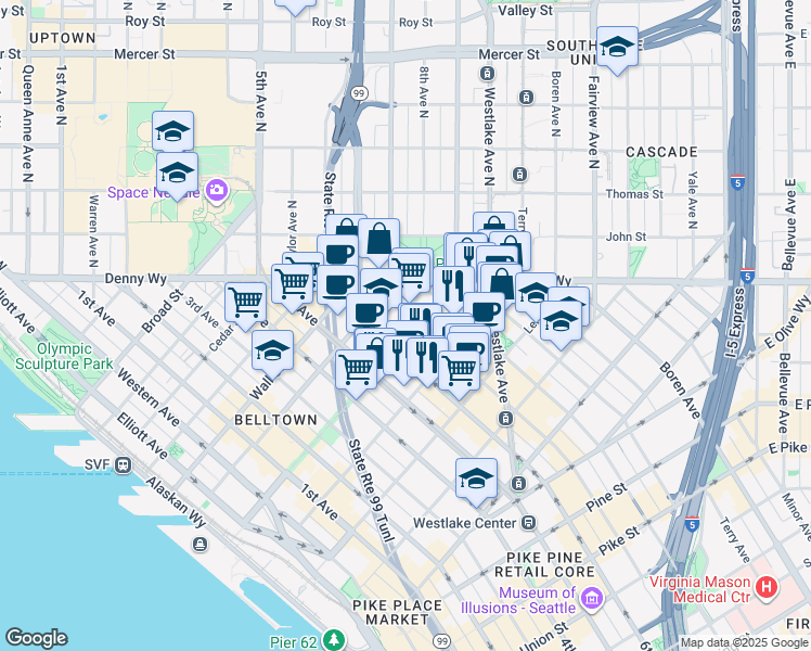 map of restaurants, bars, coffee shops, grocery stores, and more near 2301 7th Avenue in Seattle