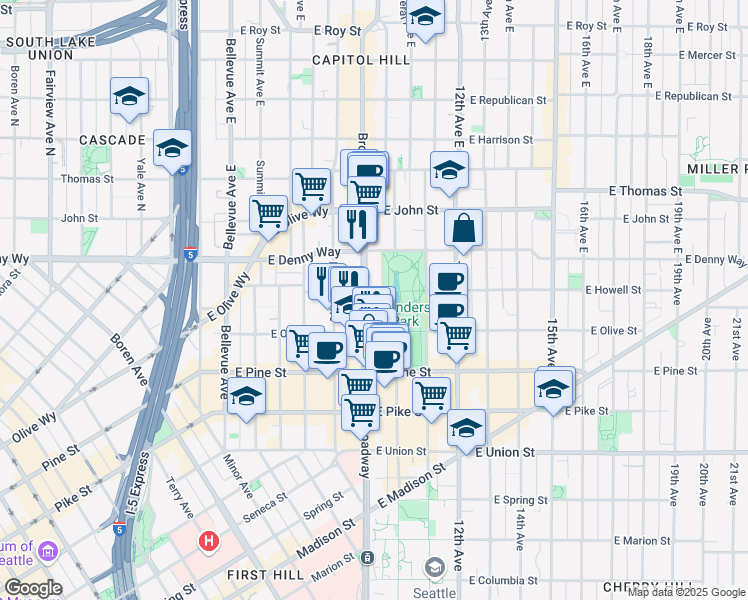 map of restaurants, bars, coffee shops, grocery stores, and more near 1732 Broadway in Seattle