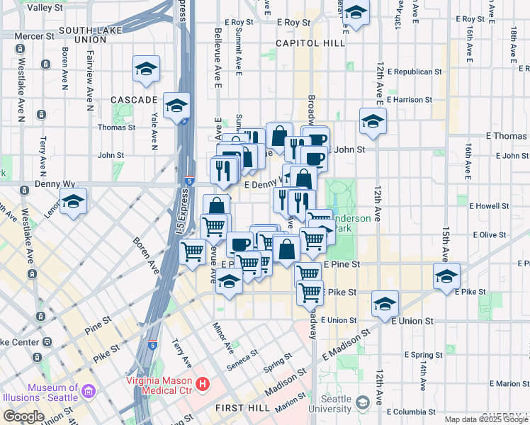 map of restaurants, bars, coffee shops, grocery stores, and more near 1737 Boylston Avenue in Seattle