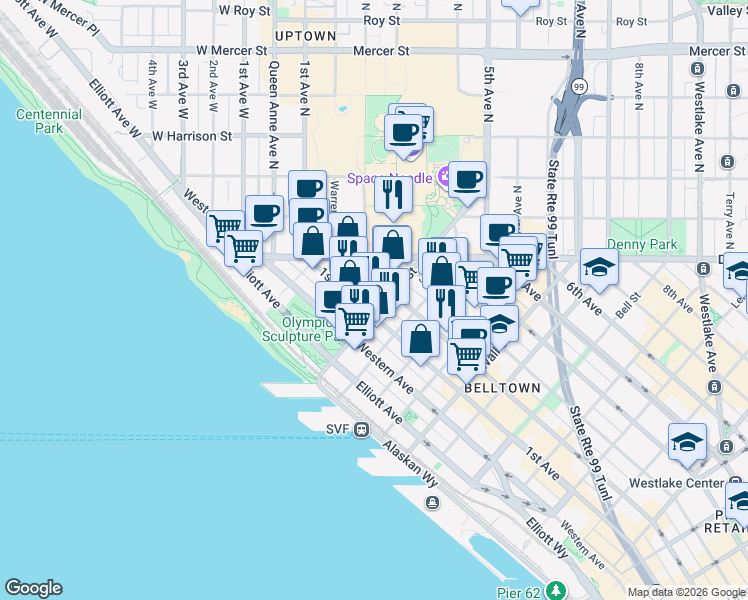 map of restaurants, bars, coffee shops, grocery stores, and more near 2900 1st Avenue in Seattle