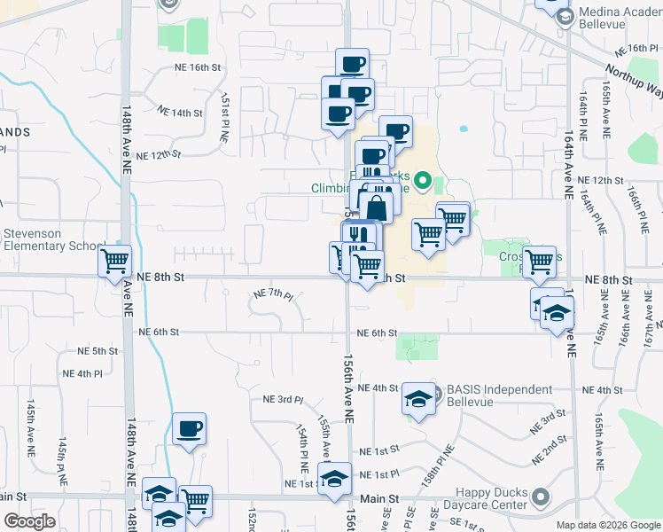 map of restaurants, bars, coffee shops, grocery stores, and more near 805 156th Avenue Northeast in Bellevue