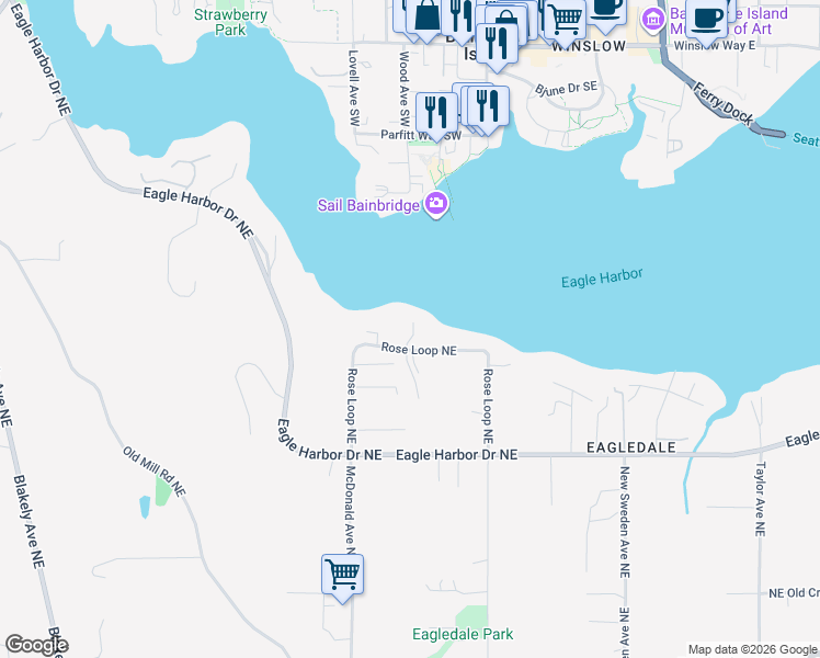 map of restaurants, bars, coffee shops, grocery stores, and more near 5905 Rose Loop Northeast in Bainbridge Island