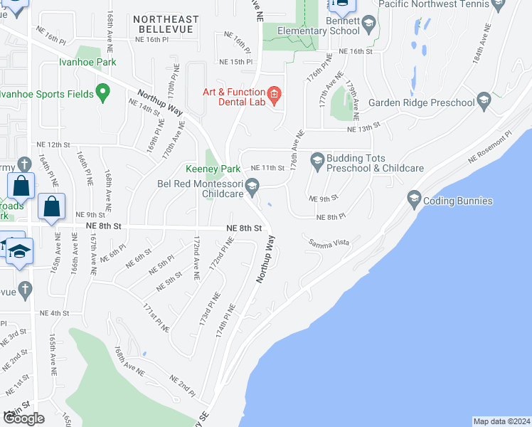 map of restaurants, bars, coffee shops, grocery stores, and more near 820 173rd Avenue Northeast in Bellevue