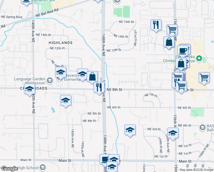 map of restaurants, bars, coffee shops, grocery stores, and more near in Bellevue