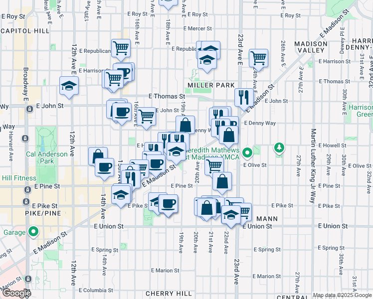 map of restaurants, bars, coffee shops, grocery stores, and more near 1724 19th Avenue in Seattle