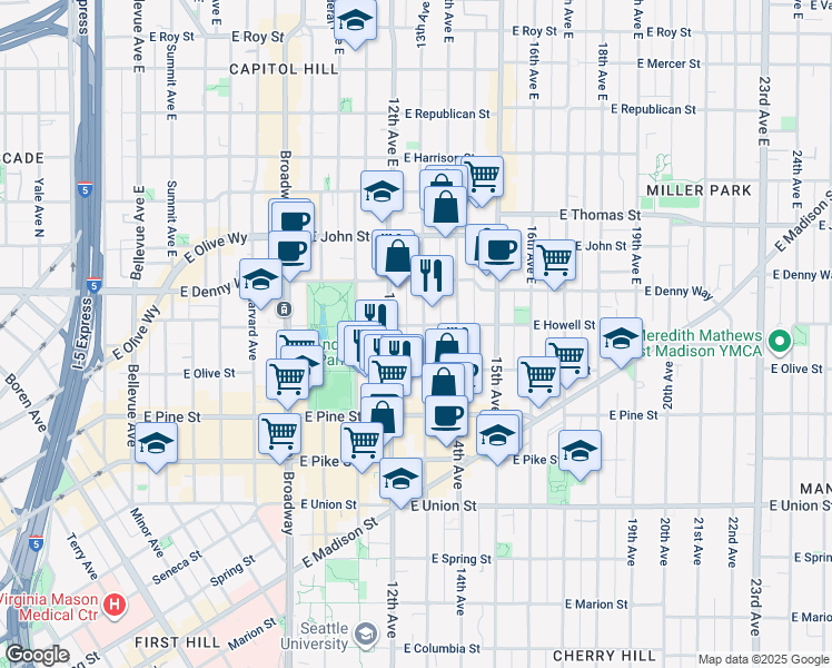 map of restaurants, bars, coffee shops, grocery stores, and more near 1731 13th Avenue in Seattle