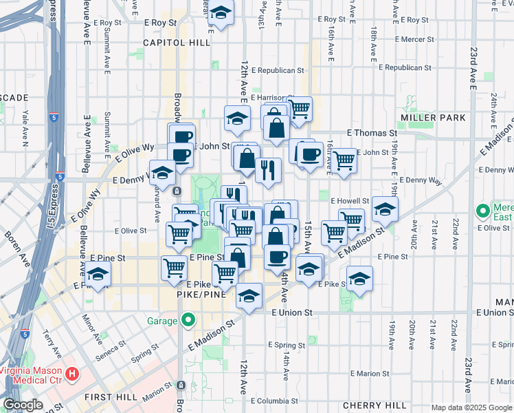 map of restaurants, bars, coffee shops, grocery stores, and more near 1731 13th Avenue in Seattle