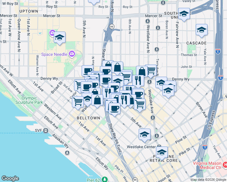 map of restaurants, bars, coffee shops, grocery stores, and more near 2326 6th Avenue in Seattle