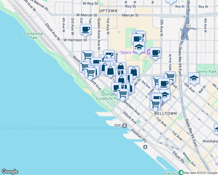map of restaurants, bars, coffee shops, grocery stores, and more near 3014 Western Avenue in Seattle