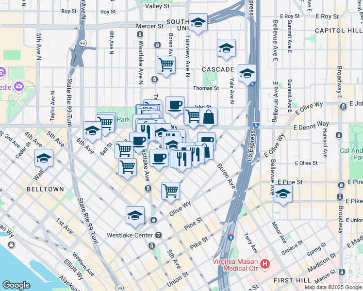 map of restaurants, bars, coffee shops, grocery stores, and more near 1000 Virginia Street in Seattle